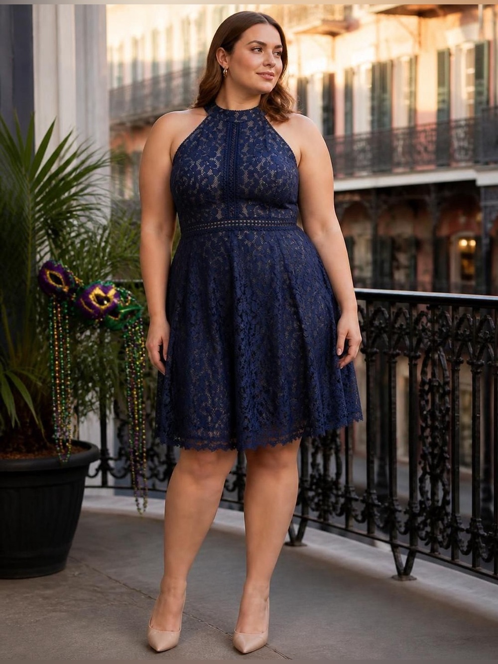 Blu Pepper Navy Blue Floral Lace Halter Skater Dress Large Nude Lining Party